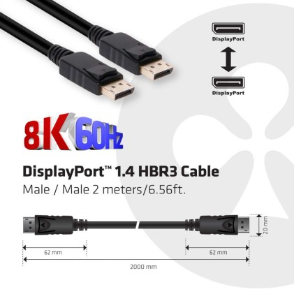 Club3D Displayport 1.4 Hbr3 Cable Male / Male 2 M/6.56Ft