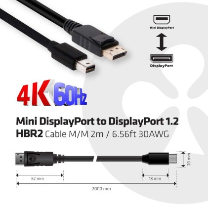 Club3D Mini Display Port 1.2 Male To Display Port Male Cable 2 Meters 4K 60Hz  Bi-Directional