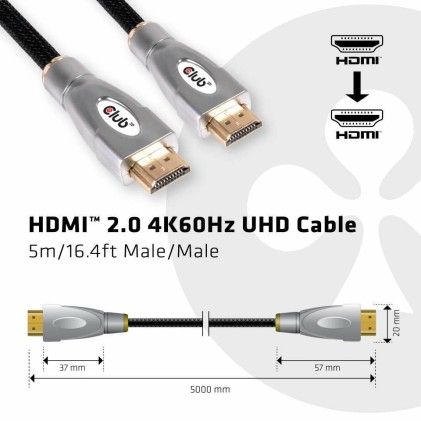 Club3D Cavo Hdmi 2.0 Male To Hdmi 2.0 Male High Speed 4K60Hz Uhd - 5M/16,4Ft