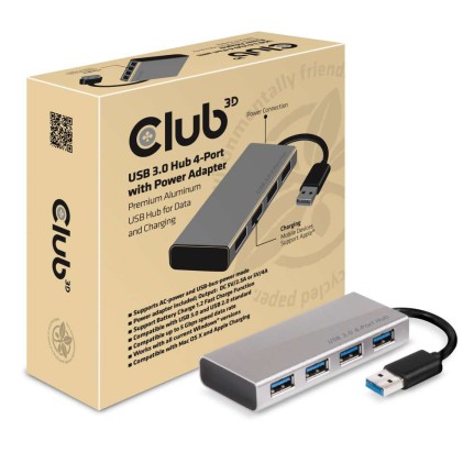 Club3D Adattatore Usb Type A 3.1 Gen 1 To 4 X Usb Type A 3.0 Aluminium Casing With Power
