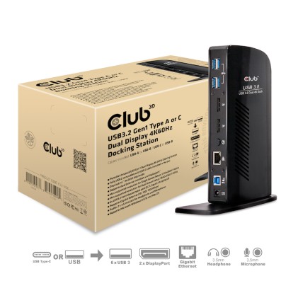 Club3D Docking Station Input Usb 3.0 B Male Dc 5V Fem Output Displayport Usb A 3.0 Gigabit Ethernet Port 3.5Mm Audio Jack 2.1 3.5Mm Mic Jack