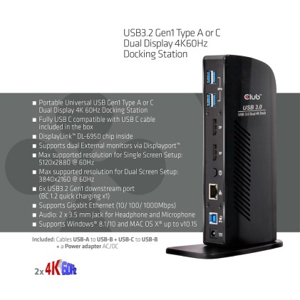 Club3D Docking Station Input Usb 3.0 B Male Dc 5V Fem Output Displayport Usb A 3.0 Gigabit Ethernet Port 3.5Mm Audio Jack 2.1 3.5Mm Mic Jack