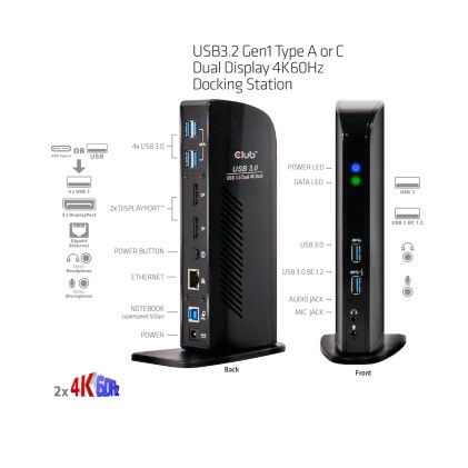 Club3D Docking Station Input Usb 3.0 B Male Dc 5V Fem Output Displayport Usb A 3.0 Gigabit Ethernet Port 3.5Mm Audio Jack 2.1 3.5Mm Mic Jack