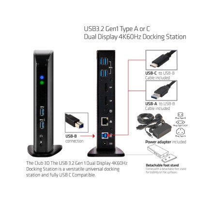 Club3D Docking Station Input Usb 3.0 B Male Dc 5V Fem Output Displayport Usb A 3.0 Gigabit Ethernet Port 3.5Mm Audio Jack 2.1 3.5Mm Mic Jack