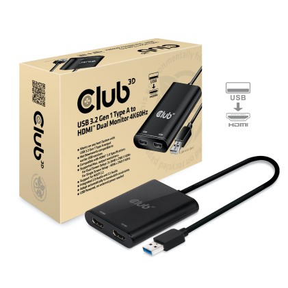 Club3D Splitter Usb Type A 3.1 Gen 1 To Hdmi 2.0 Dual Monitor Support 4K@60Hz
