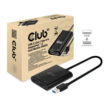 Club3D Splitter Usb Type A 3.1 Gen 1 To Dp 1.2 Dual Monitor Support 4K@60Hz