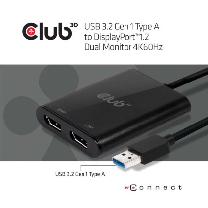 Club3D Splitter Usb Type A 3.1 Gen 1 To Dp 1.2 Dual Monitor Support 4K@60Hz