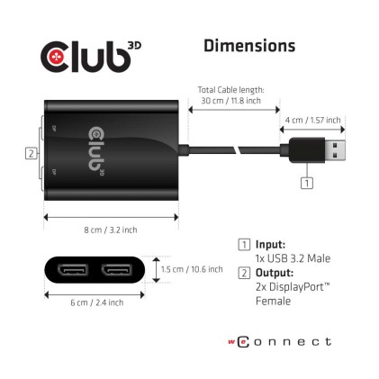 Club3D Splitter Usb Type A 3.1 Gen 1 To Dp 1.2 Dual Monitor Support 4K@60Hz