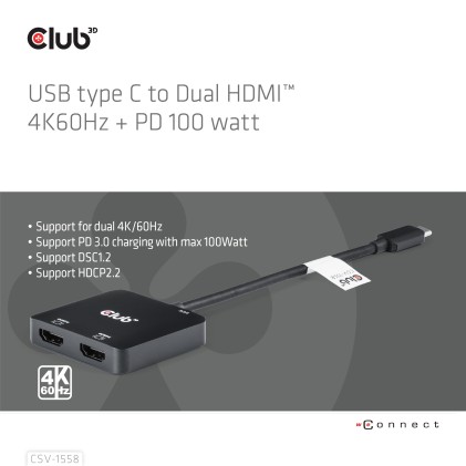 Club3D Mst Hub Type C A Dual Hdmi 4K60Hz M/F + Pd3.0 100 Watt