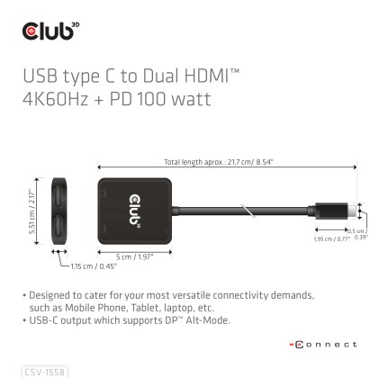 Club3D Mst Hub Type C A Dual Hdmi 4K60Hz M/F + Pd3.0 100 Watt