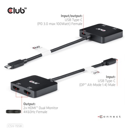 Club3D Mst Hub Type C A Dual Hdmi 4K60Hz M/F + Pd3.0 100 Watt