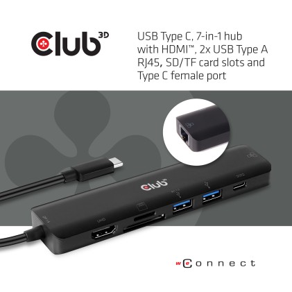 Club3D Usb Type C 7 In 1 Hub To Hdmi 4K60Hz+Sdtf Card Slot+2Xusba + Usb C Pd +Rj45
