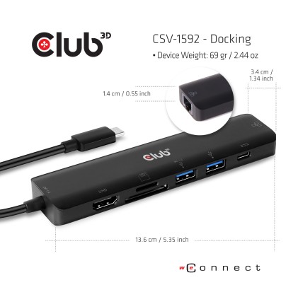 Club3D Usb Type C 7 In 1 Hub To Hdmi 4K60Hz+Sdtf Card Slot+2Xusba + Usb C Pd +Rj45