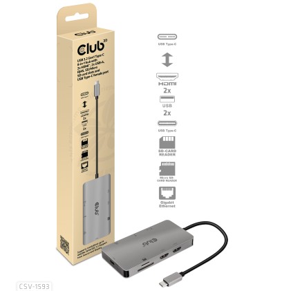 Club3D Usb 3.2 Gen1 Type-C 8-In-1 Hub With 2X Hdmi, 2X Usb-A, Rj45, Sd/Micro Sd Card Slots And Usb