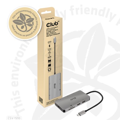 Club3D Usb 3.2 Gen1 Type-C 8-In-1 Hub With 2X Hdmi, 2X Usb-A, Rj45, Sd/Micro Sd Card Slots And Usb
