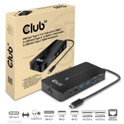 Club 3D Hub Usb Gen1 Type-C 7-In-1  2X Hdmi, 2X Usb Gen1 Type-A, 1X Rj45, 1X 3.5Mm Audio, 1X Usb Gen