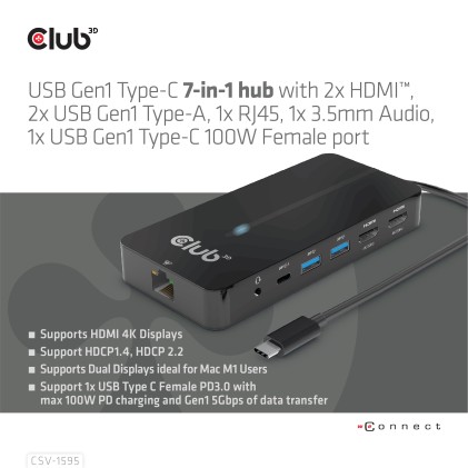 Club 3D Hub Usb Gen1 Type-C 7-In-1  2X Hdmi, 2X Usb Gen1 Type-A, 1X Rj45, 1X 3.5Mm Audio, 1X Usb Gen