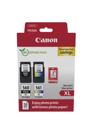Canon Ecopack PG560XL Nero + CL561XL Colore Confezione da 2 cartucce d'inchiostro originali - 50 fogli di carta fotografica - 3712C008
