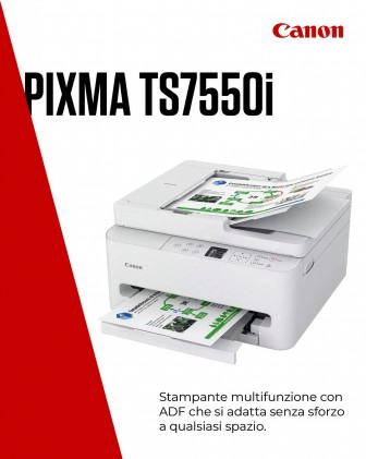 Canon Multifunzione Ink A4 Colore, Pixma Ts7550I, 14Ppm, Fronte / Retro, Adf, Usb/Wifi, 3 In 1, Bian