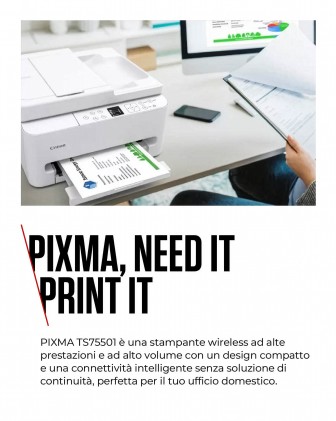 Canon Multifunzione Ink A4 Colore, Pixma Ts7550I, 14Ppm, Fronte / Retro, Adf, Usb/Wifi, 3 In 1, Bian