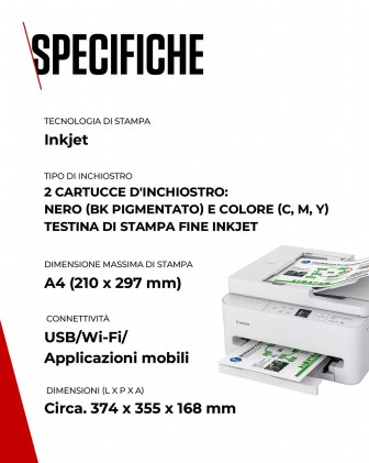 Canon Multifunzione Ink A4 Colore, Pixma Ts7550I, 14Ppm, Fronte / Retro, Adf, Usb/Wifi, 3 In 1, Bian