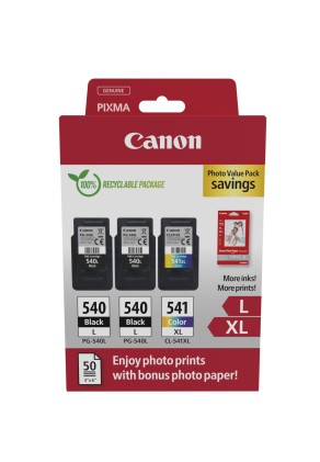 Canon PG-540L/CL-541XL Confezione multipla da 3 cartucce d'inchiostro originali + 50 fogli di carta fotografica - 5224B015
