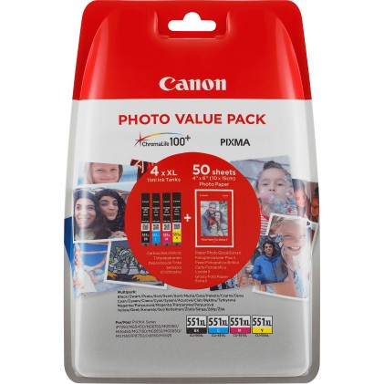 Canon CLI551XL Confezione da 4 cartucce d inchiostro originali - 50 fogli di carta fotografica - 6443B006