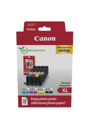 Canon CLI551XL Confezione da 4 cartucce d'inchiostro originali nero, magenta, giallo e ciano + 50 fogli di carta fotografica - 6443B008