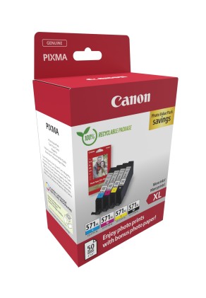 ORIGINALE Canon Value Pack nero / ciano / magenta / giallo CLI-571 XL + 10x15 cm Fotopapier 50 fogli