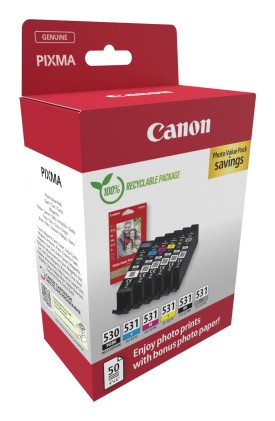 ORIGINALE Canon Value Pack nero / ciano / magenta / giallo / Grigio PGI-530+CLI-531 + 10x15 cm Fotopapier 50 Blatt 2705 pagine