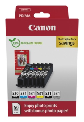 ORIGINALE Canon Value Pack nero / ciano / magenta / giallo / Grigio PGI-530+CLI-531 + 10x15 cm Fotopapier 50 Blatt 2705 pagine