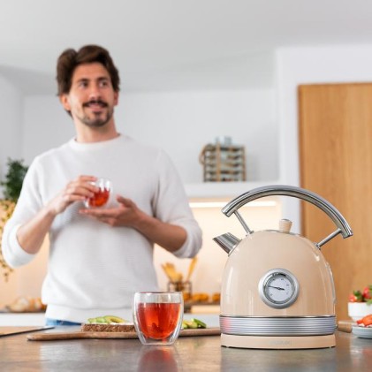 Bollitore Cecotec ThermoSense 420 Beige Chiaro 2200W - Capacit&agrave; 1,8L - Acciaio Inossidabile - Filtro anticalcare - Base con rotazione a 360&ordm; - Indicatore temperatura - Stile vintage