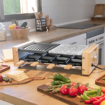 Cecotec Cheese and Grill 8400 Wood MixGrill Raclette - 1200W - 8 Padelle antiaderenti - Griglia e piastra - Termostato - Piastre rimovibili in acciaio e pietra antiaderenti - Colore legno chiaro