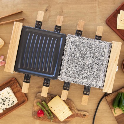 Cecotec Cheese and Grill 8400 Wood MixGrill Raclette - 1200W - 8 Padelle antiaderenti - Griglia e piastra - Termostato - Piastre rimovibili in acciaio e pietra antiaderenti - Colore legno chiaro