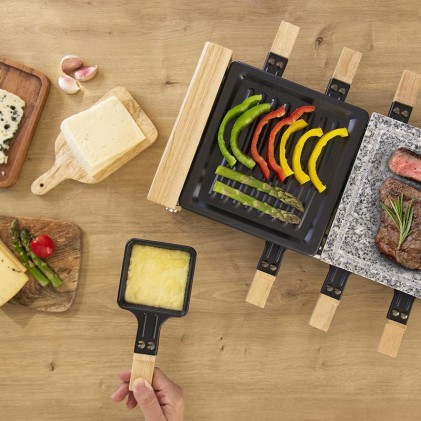 Cecotec Cheese and Grill 8400 Wood MixGrill Raclette - 1200W - 8 Padelle antiaderenti - Griglia e piastra - Termostato - Piastre rimovibili in acciaio e pietra antiaderenti - Colore legno chiaro