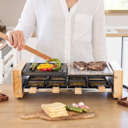 Cecotec Cheese and Grill 8400 Wood MixGrill Raclette - 1200W - 8 Padelle antiaderenti - Griglia e piastra - Termostato - Piastre rimovibili in acciaio e pietra antiaderenti - Colore legno chiaro