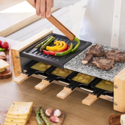 Cecotec Cheese and Grill 8400 Wood MixGrill Raclette - 1200W - 8 Padelle antiaderenti - Griglia e piastra - Termostato - Piastre rimovibili in acciaio e pietra antiaderenti - Colore legno chiaro