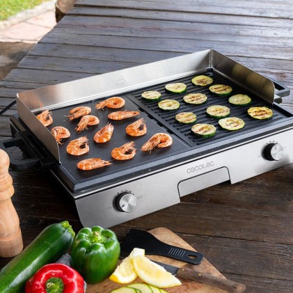 Cecotec PerfectRoast 3000 Barbacoa Electrica de Sobremesa - 3000W - Grill y Plancha - Placa Extraible Antiadherente - Control de Temperatura Independiente - Bandeja Recogegrasas - Color Negro y Gris