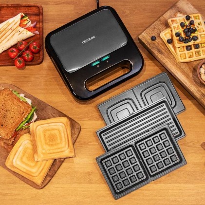 Cecotec Rock nToast 3 in 1 Sandwich Maker 800W - Capacit&agrave; per 2 panini - 3 piastre intercambiabili con rivestimento RockStone - Finiture in acciaio inossidabile