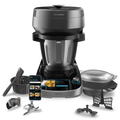 Robot da cucina Cecotec Mambo CooKing Victory con dispenser automatico di cibo - Brocca in acciaio inox da 4,5 litri - Touch screen da 7" - Ricettario - Vaporiera - Nero e grigio