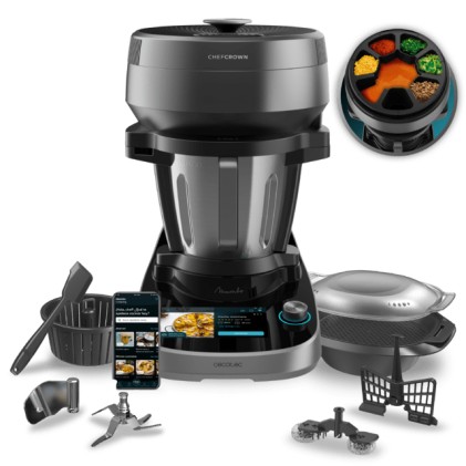 Robot da cucina Cecotec Mambo CooKing Victory con dispenser automatico di cibo - Brocca in acciaio inox da 4,5 litri - Touch screen da 7" - Ricettario - Vaporiera - Nero e grigio