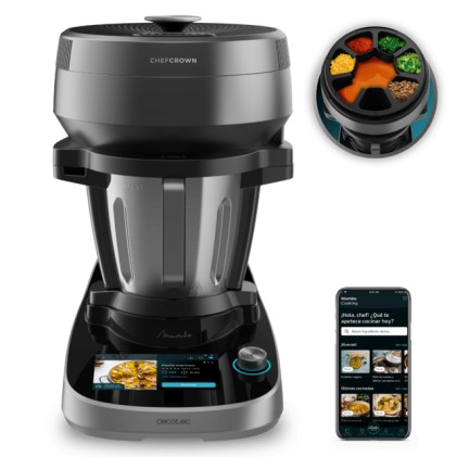 Robot da cucina Cecotec Mambo CooKing Victory con dispenser automatico di cibo - Brocca in acciaio inox da 4,5 litri - Touch screen da 7" - Ricettario - Vaporiera - Nero e grigio