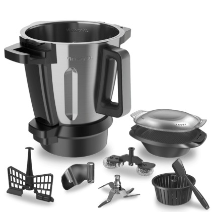 Robot da cucina Cecotec Mambo CooKing Victory con dispenser automatico di cibo - Brocca in acciaio inox da 4,5 litri - Touch screen da 7" - Ricettario - Vaporiera - Nero e grigio