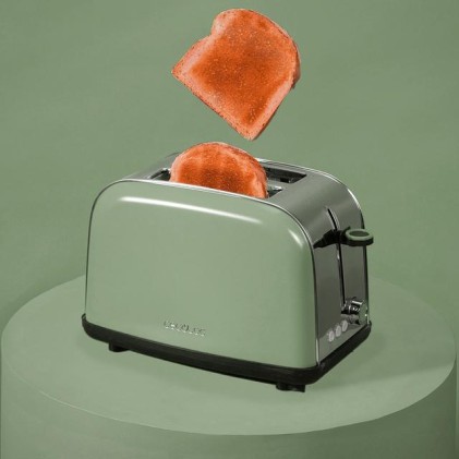 Cecotec Toastin' Time 850 Tostadora de Doble Ranura - 850W - Ranura Ancha - Acero Inoxidable - Autocentrado - Bandeja Recogemigas Extraible - Color Menta