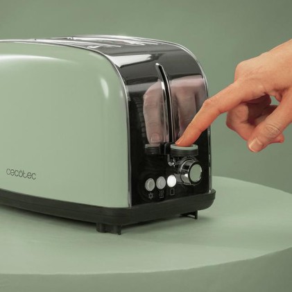 Cecotec Toastin' Time 850 Tostadora de Doble Ranura - 850W - Ranura Ancha - Acero Inoxidable - Autocentrado - Bandeja Recogemigas Extraible - Color Menta