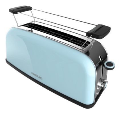 Cecotec Toastin' Time 850 Tostadora de Ranura Larga - 850W - Ranura Ancha - Calienta Panecillos - Autocentrado - Bandeja Recogemigas - 7 Niveles de Tostado - Color Azul Claro