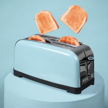 Cecotec Toastin' Time 850 Tostadora de Ranura Larga - 850W - Ranura Ancha - Calienta Panecillos - Autocentrado - Bandeja Recogemigas - 7 Niveles de Tostado - Color Azul Claro