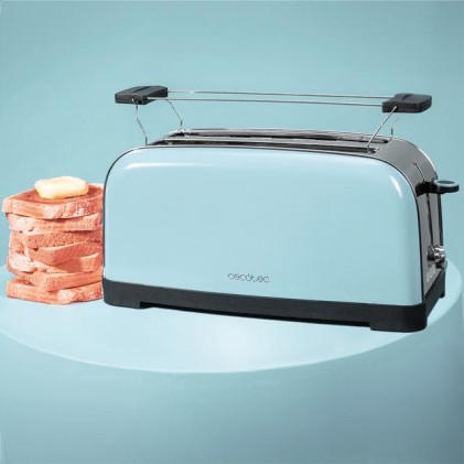 Cecotec Toastin' Time 850 Tostadora de Ranura Larga - 850W - Ranura Ancha - Calienta Panecillos - Autocentrado - Bandeja Recogemigas - 7 Niveles de Tostado - Color Azul Claro