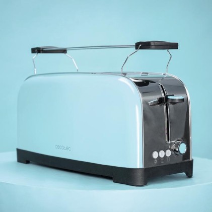 Cecotec Toastin' Time 850 Tostadora de Ranura Larga - 850W - Ranura Ancha - Calienta Panecillos - Autocentrado - Bandeja Recogemigas - 7 Niveles de Tostado - Color Azul Claro