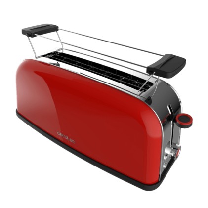 Cecotec Toastin' Time 850 Tostadora de Ranura Larga - 850W - Ranura Ancha - Calienta Panecillos - Autocentrado - Bandeja Recogemigas - 7 Niveles de Tostado - Color Rojo